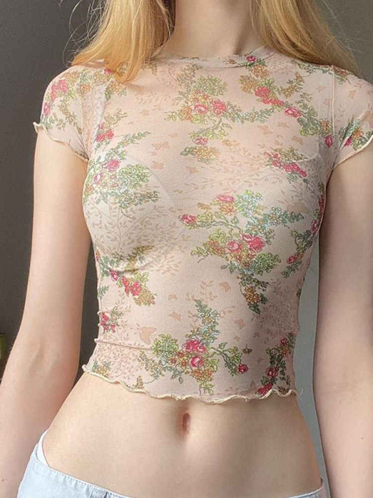 Retro Floral Mesh Top