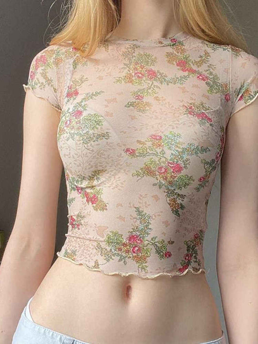 Retro Floral Mesh Top