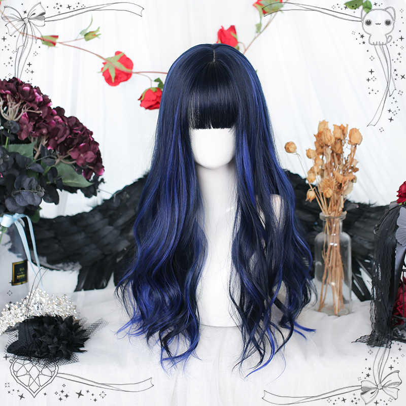 Navy Long Curly Wig