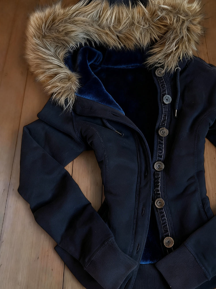 Retro blue fur hooded jacket