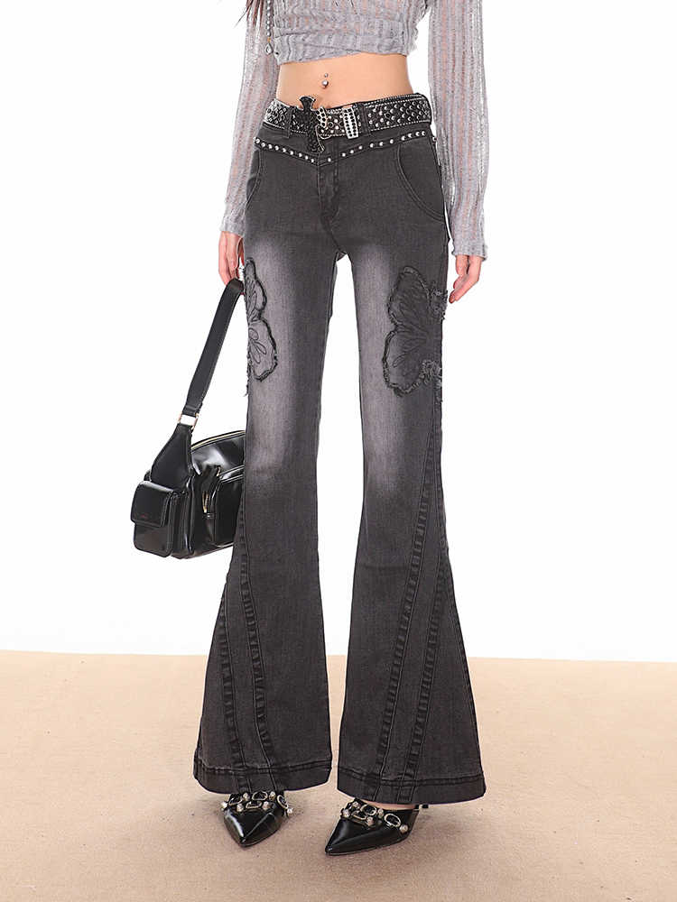 Coquette Washed Butterfly Rivet Flare Jeans