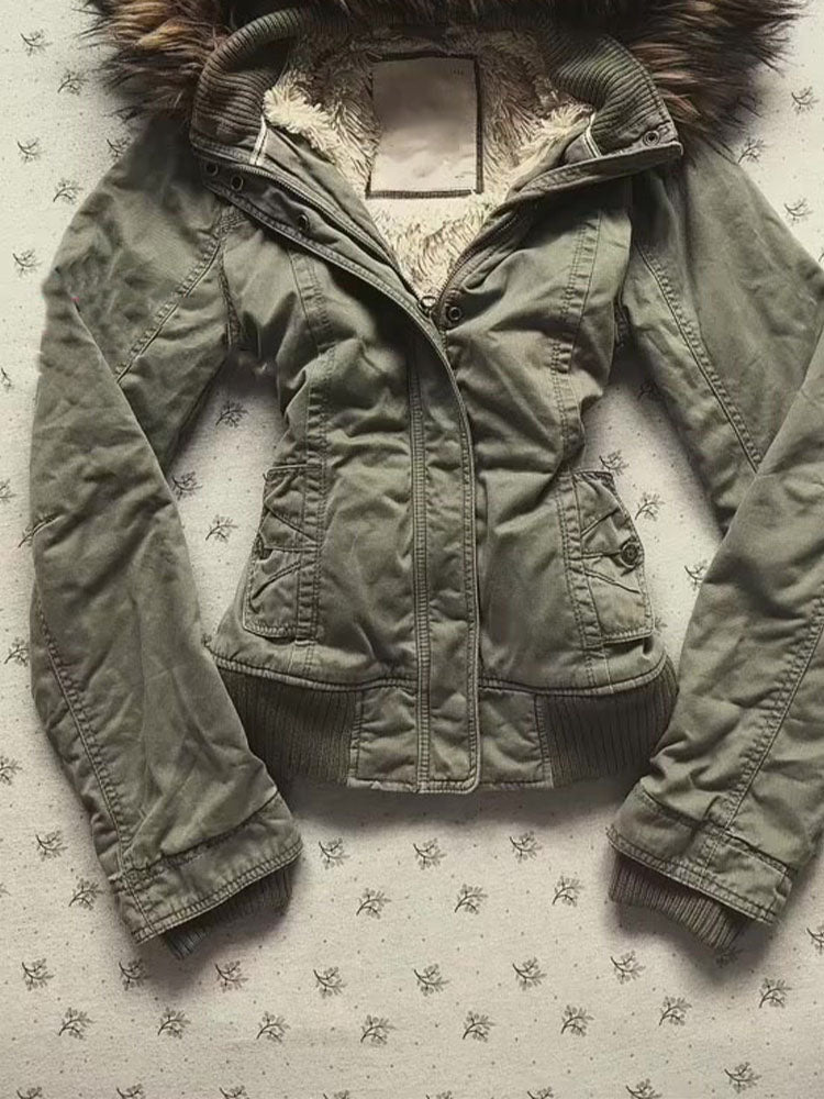 Retro fur collar hooded cotton jacket