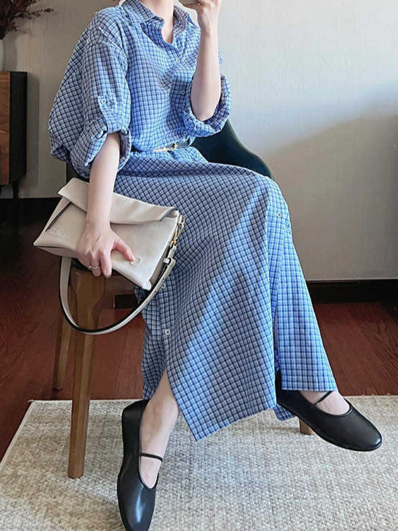 Retro Blue Plaid Lapel Shirt Dress