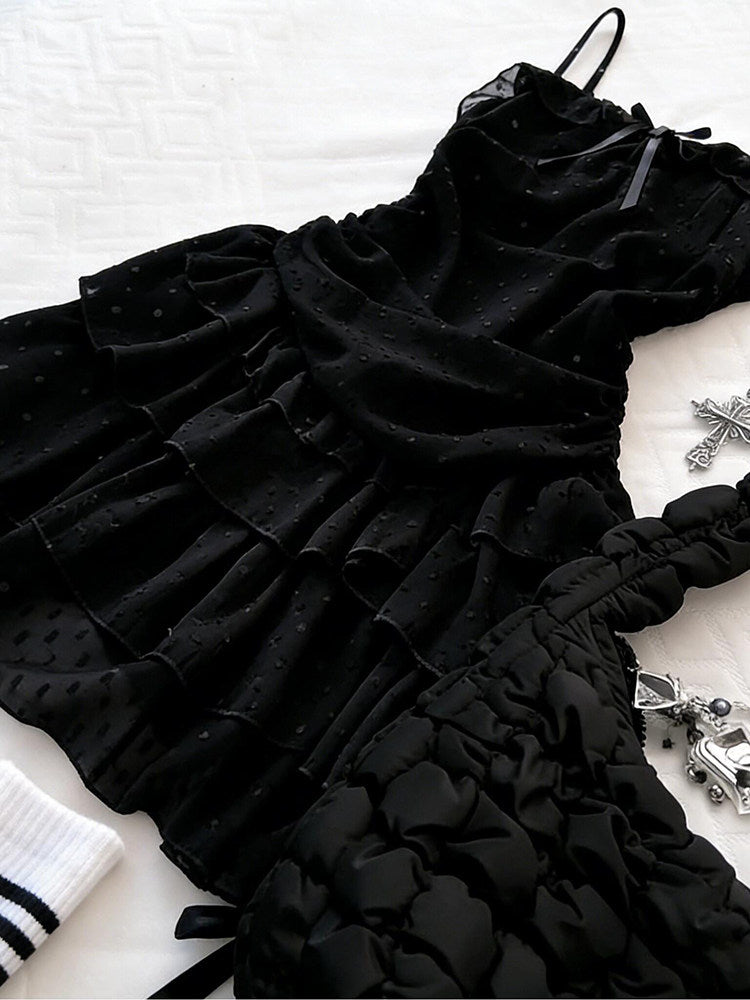 dark coquette bow mesh dress