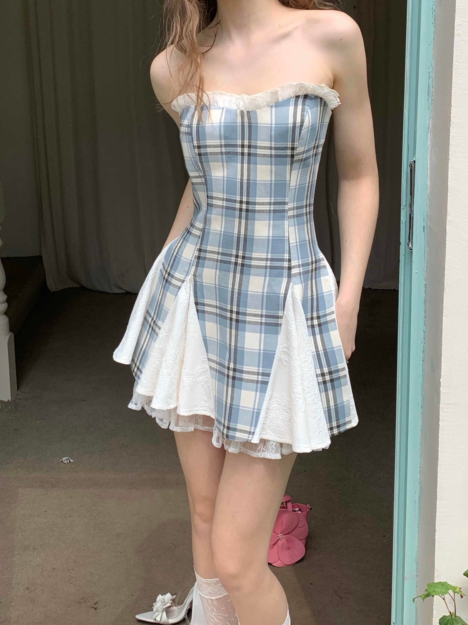 French Retro Plaid Tube Top Dress