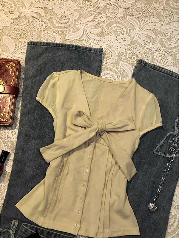 Yellow Bow Tie V-neck T-shirt