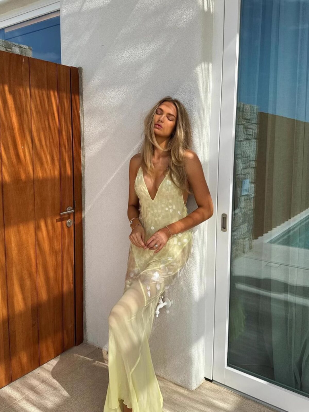 Yellow V-Neck Backless Sequin Maxi Dress