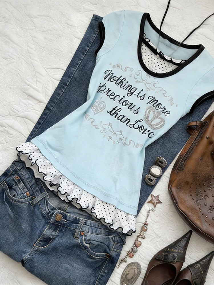 retro polka dot trim letters shirt