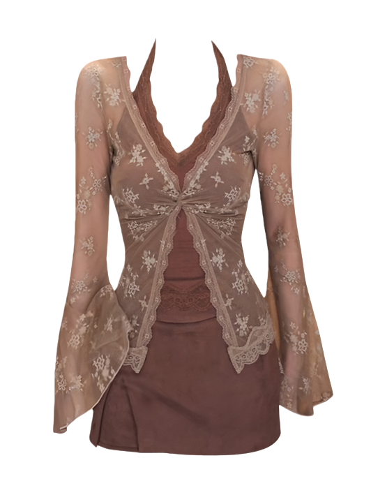 brown two-piece lace bell-sleeved V-neck set