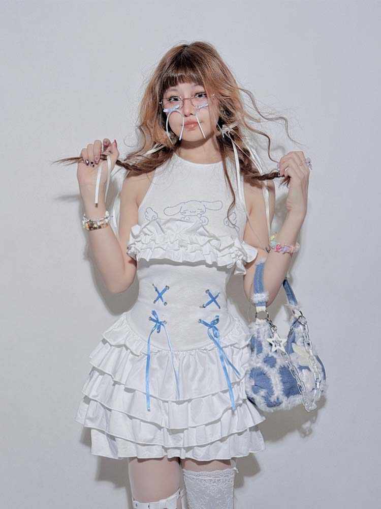 Goth Straps Ruffled Cake White Dress