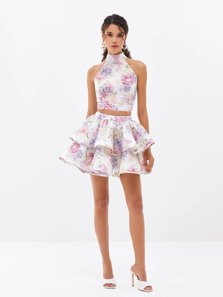 French Halter Print Top + Tiered Mini Skirt 2-Piece Set
