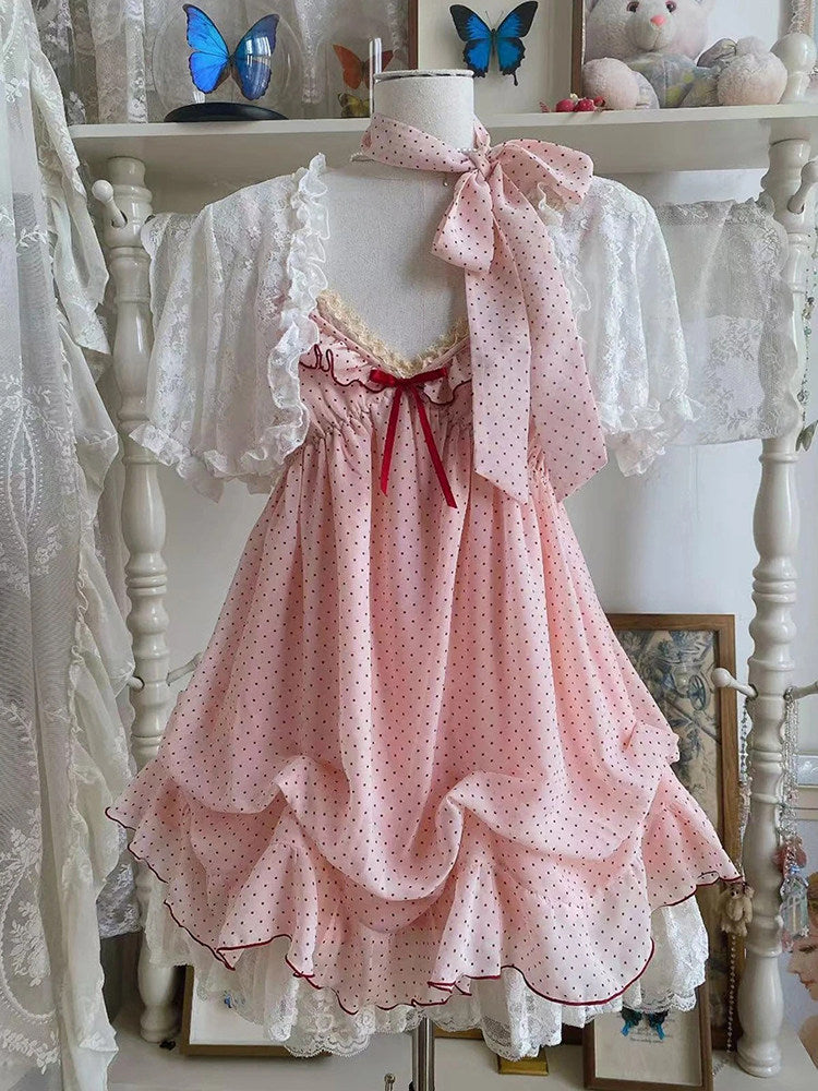 vintage polka dots pink ruffled dress