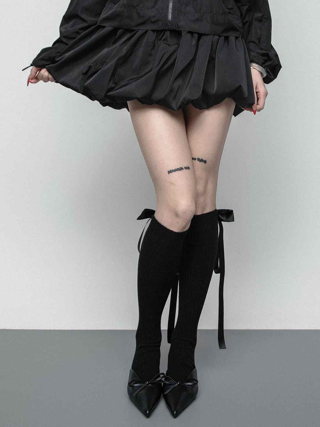 Dark Coquette Satin Ribbon Bow Calf Socks