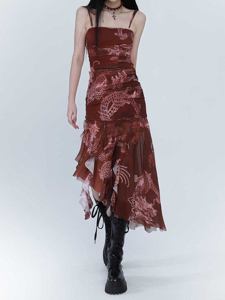 Dragon Print Red Irregular Dress