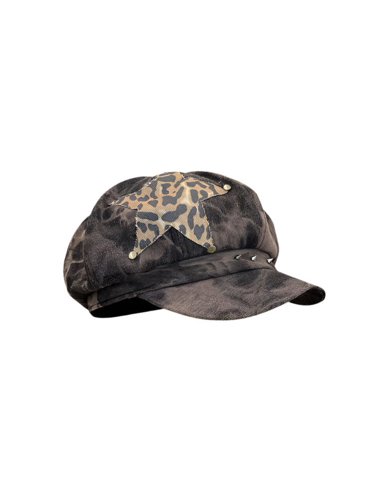 Y2K Star Leopard Painter Beret Hat