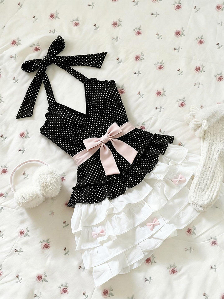polka dot bow halter-neck dress