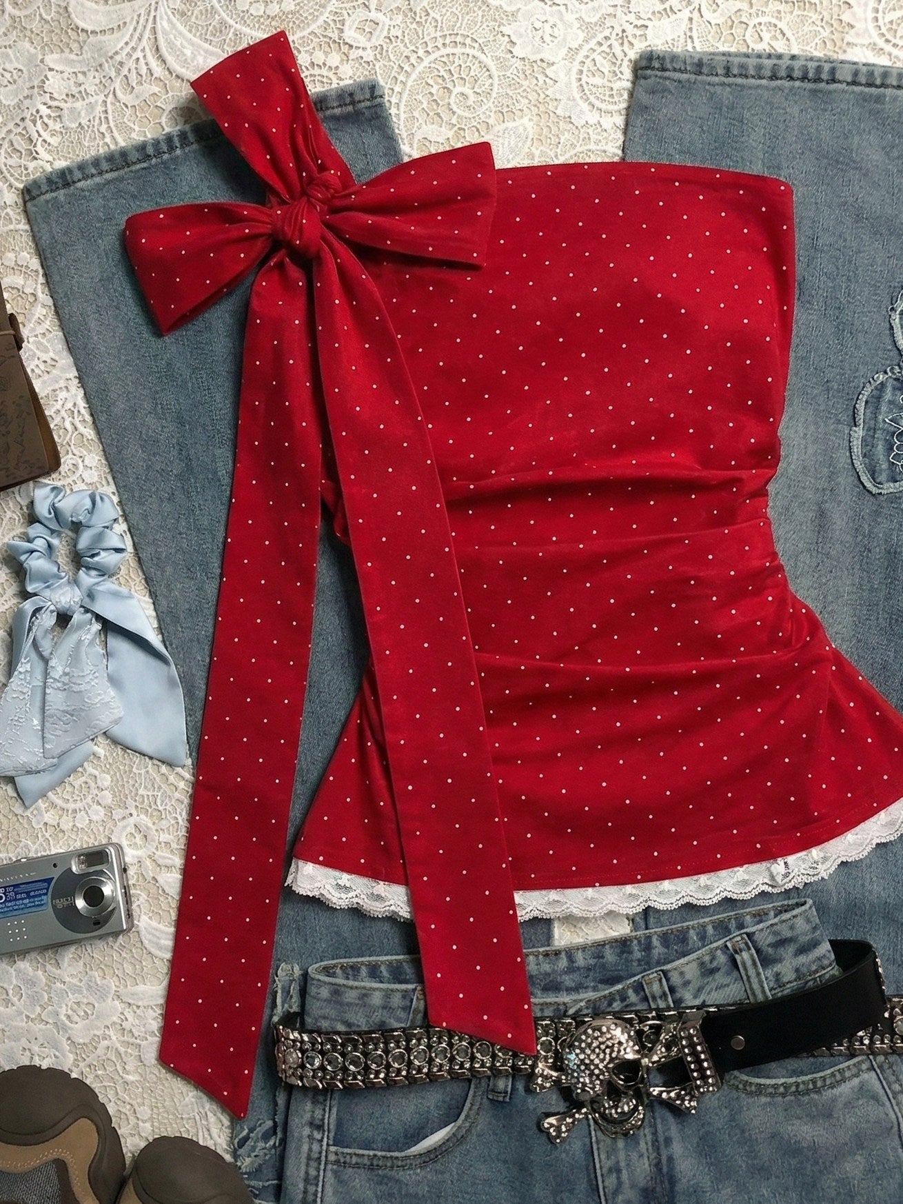 red off-shoulder strap crop top