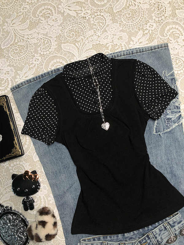 Black Spliced Polka Dot Shirt