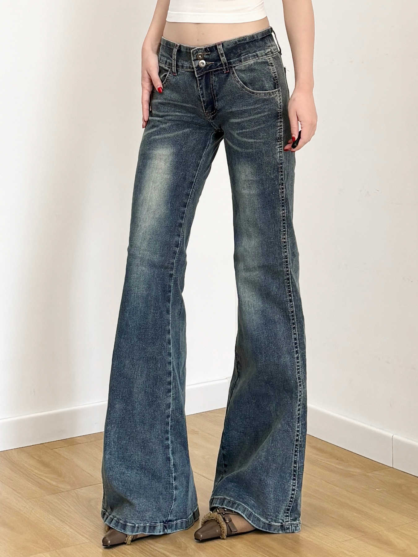 Y2K Retro Distressed Blue Bell Bottom Jeans