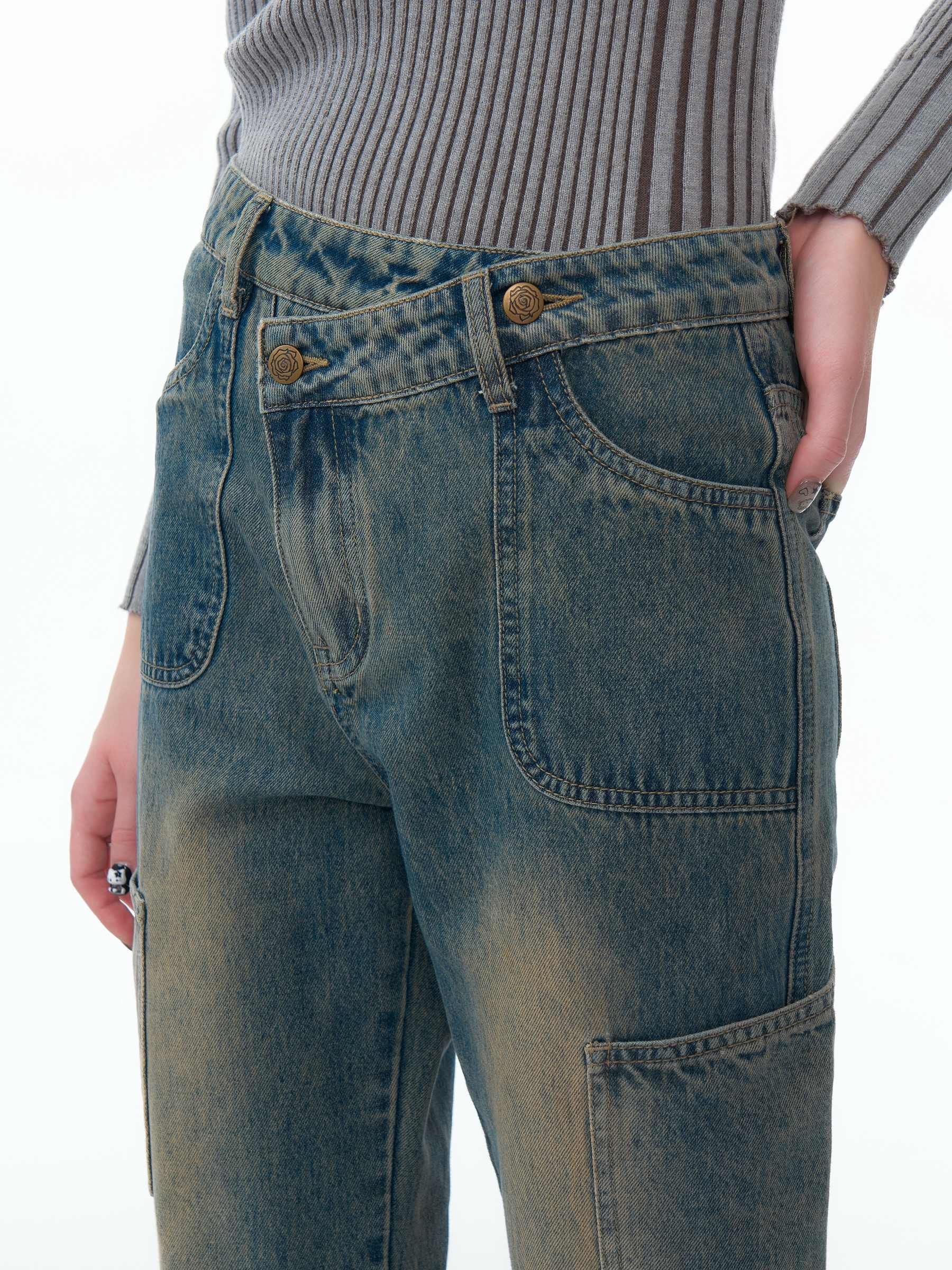 Retro Structure Wide-leg Washed Blue Jeans