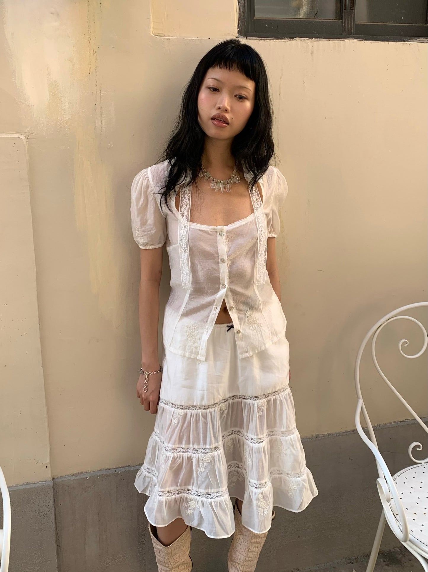 Bubblegum French Playful Sheer Light-Flare Short Sleeve Blouse