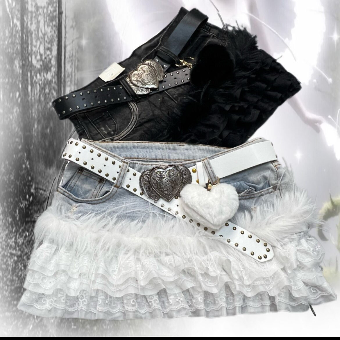 Y2K Lace Plush Denim Patchwork Mini Skirt
