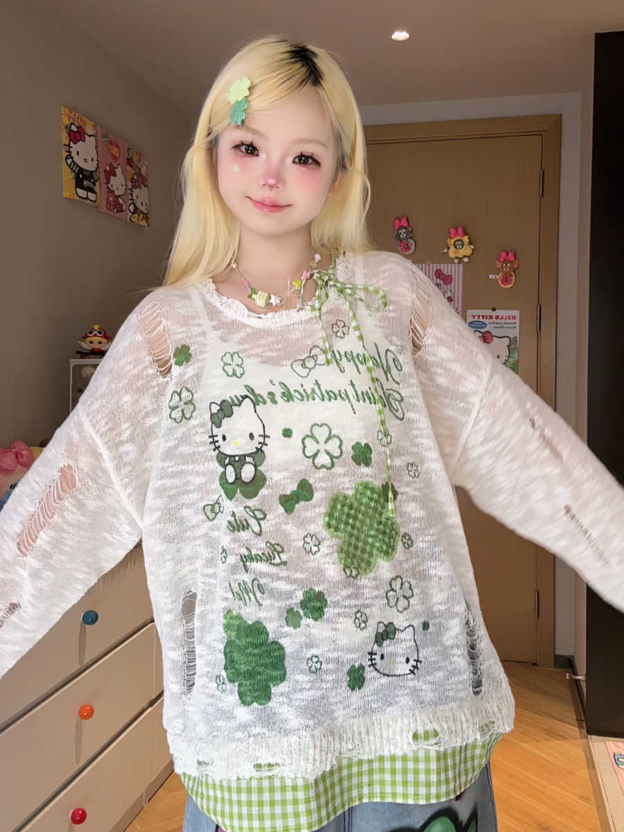 Plant Cartoon Plaid Long-sleeved Top