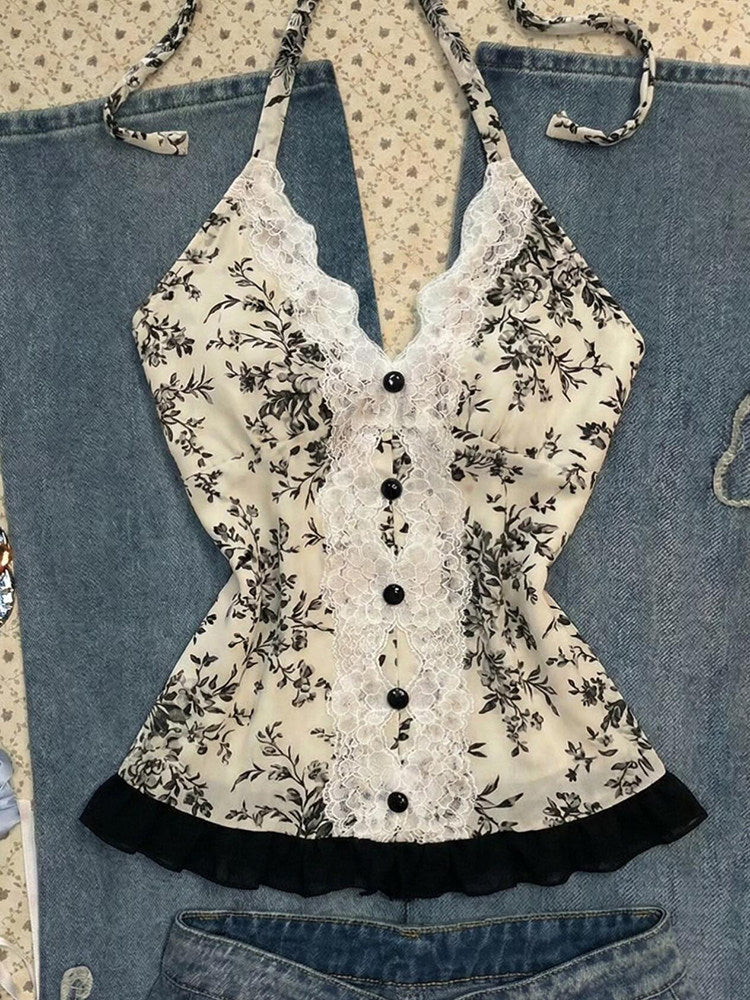 black lace floral halter top