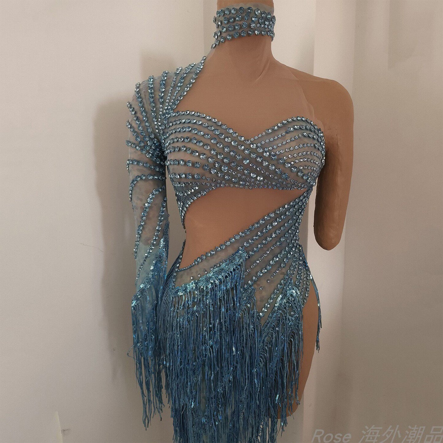 Blue one-shoulder rhinestone fringe dress