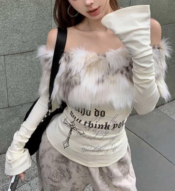 Furry Off Shoulder Long-sleeved Top