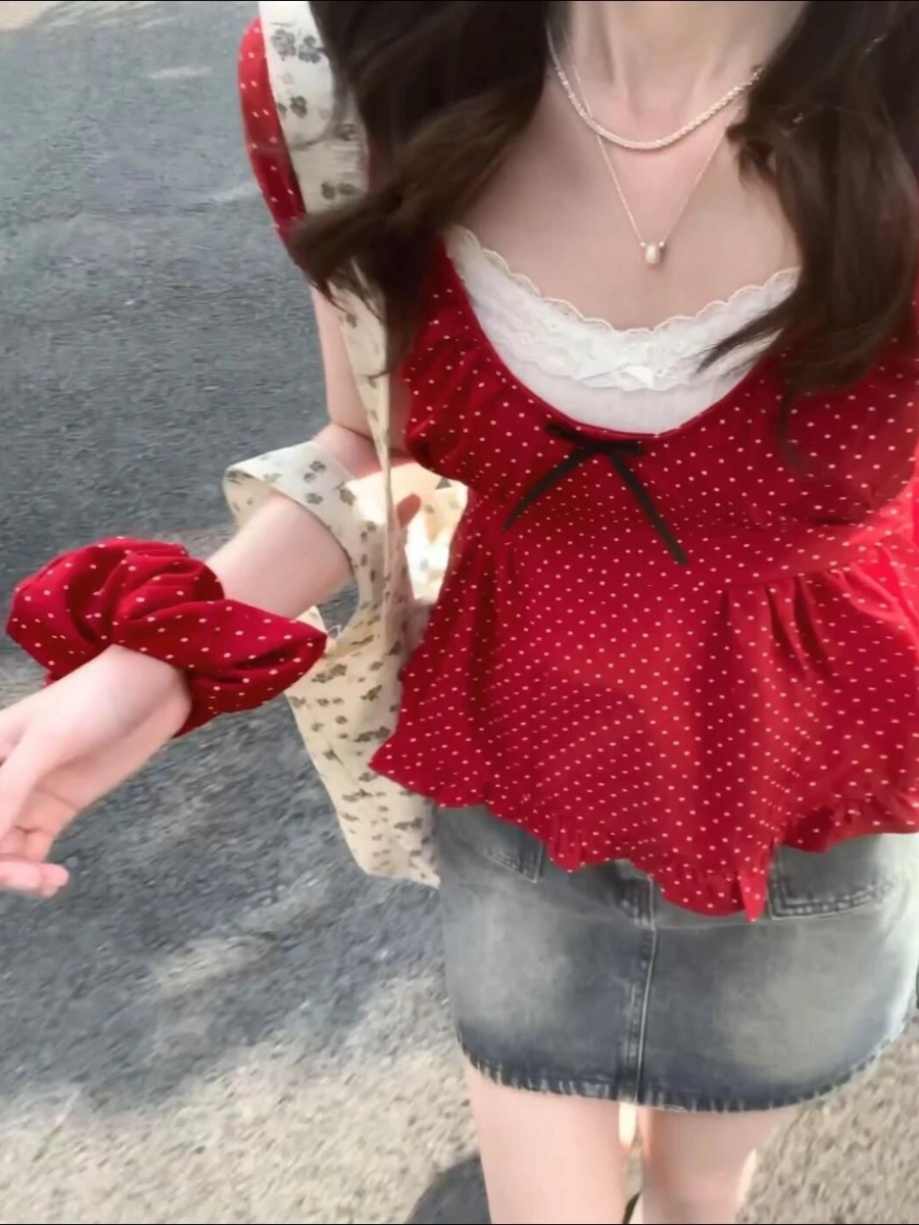 French Chic Red Polka Dot Top