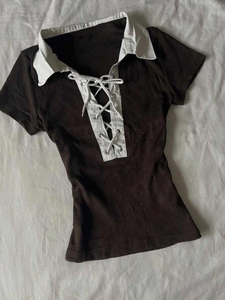brown straps neck shirt