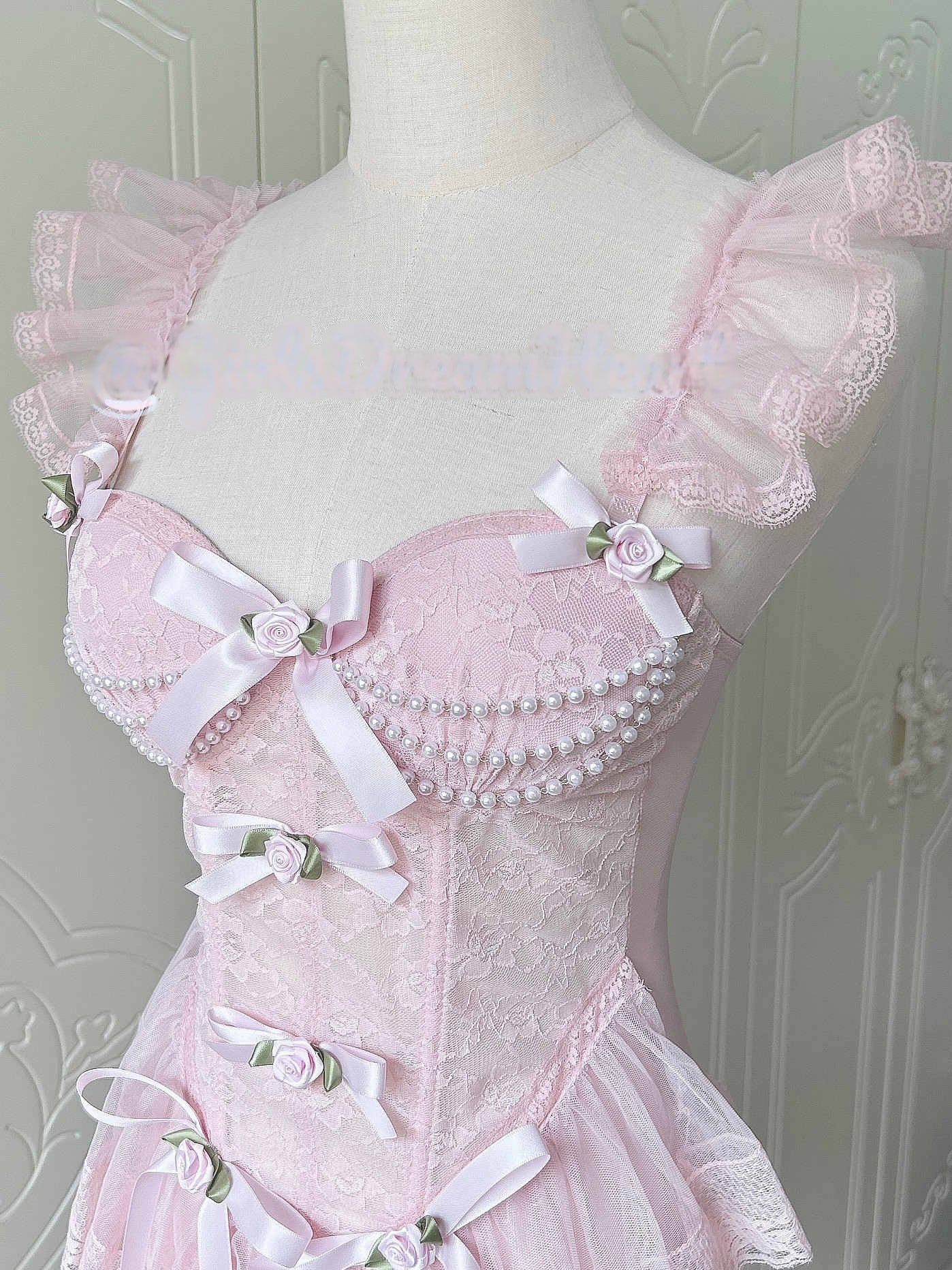 Dollete Lace Bows Fishbone Pink Corset