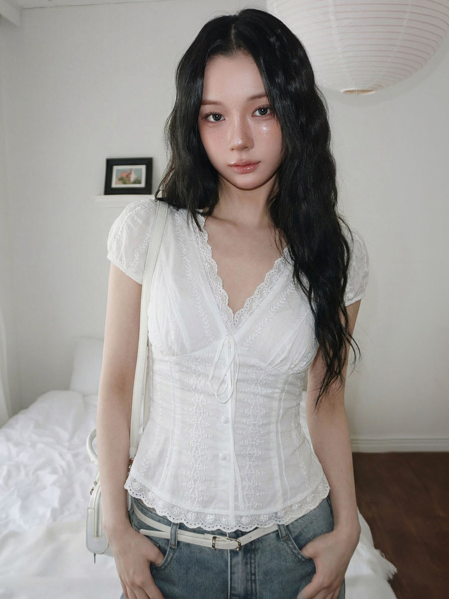 lace trim v-neck bow shirt