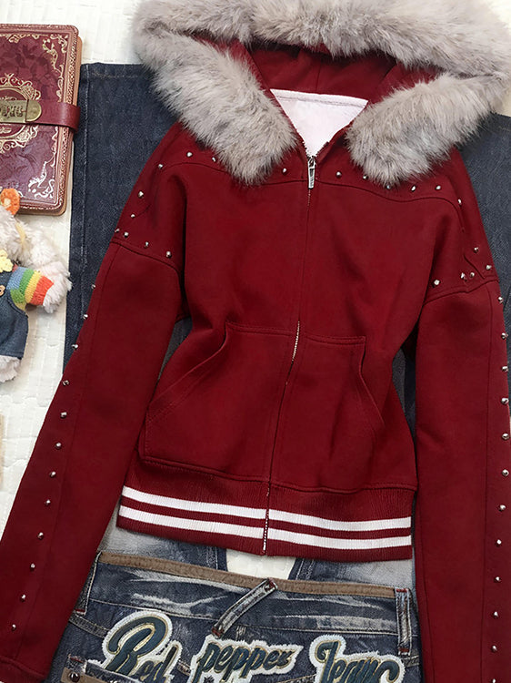 retro red plush collar hooded jacket