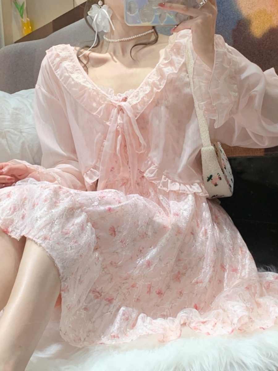 Pink Floral Chiffon Suspender Dress