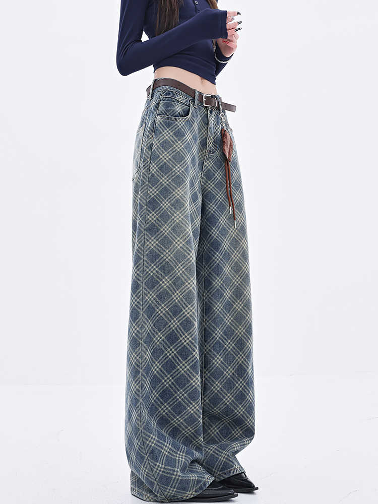 Preppy Retro Plaid Wide-leg Jeans