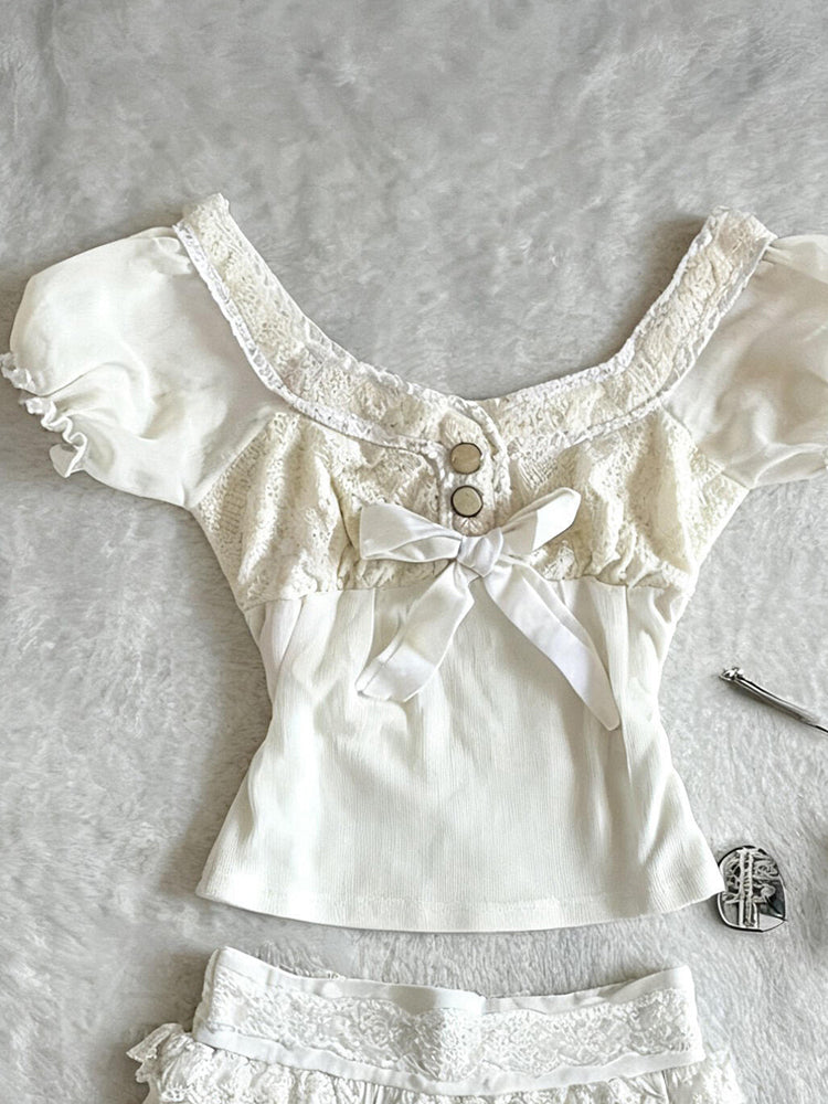 retro white lace top+skirt suit