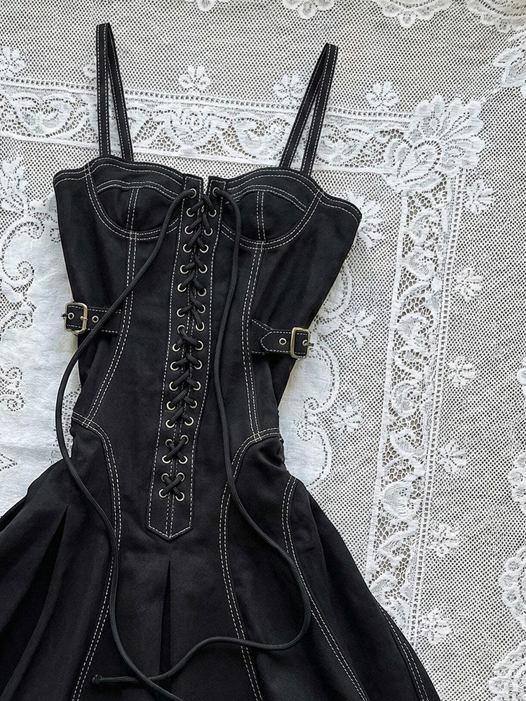 denim corset straps dress