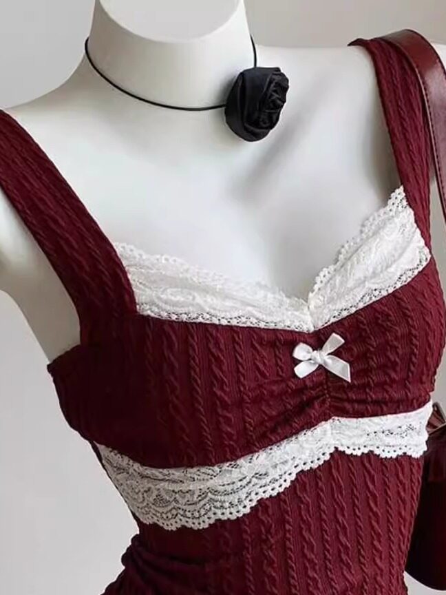 burgundy lace knit tank top