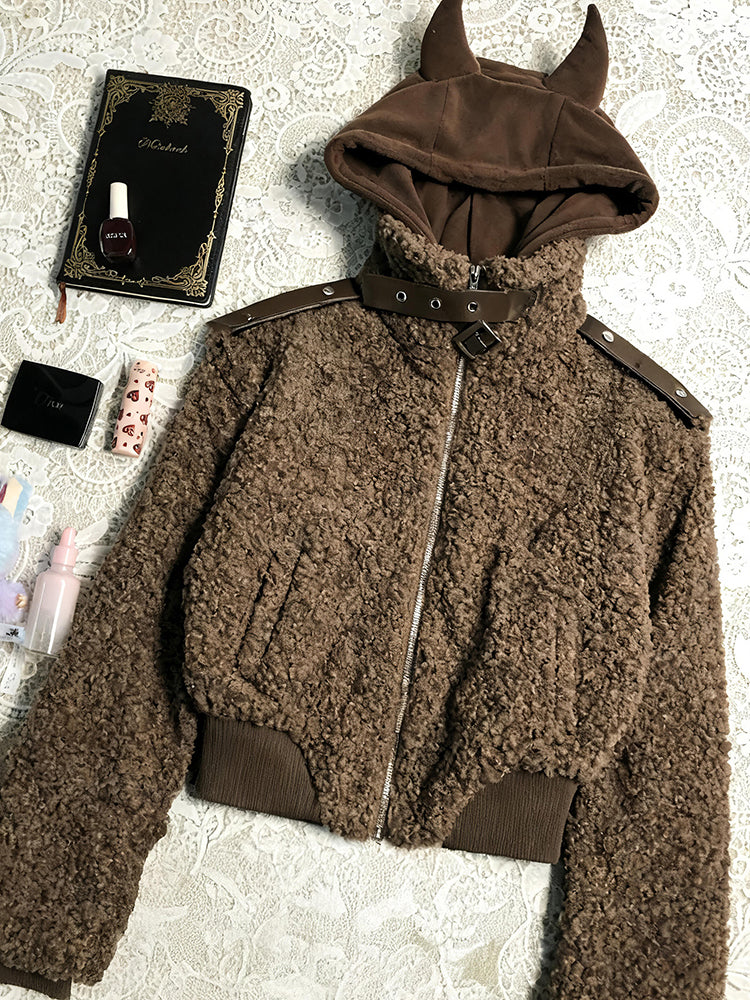 retro camel playful hooded velvet jacket