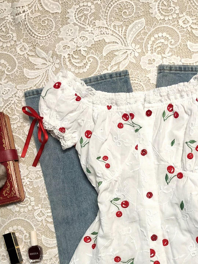 cherries puff-sleeved shirt