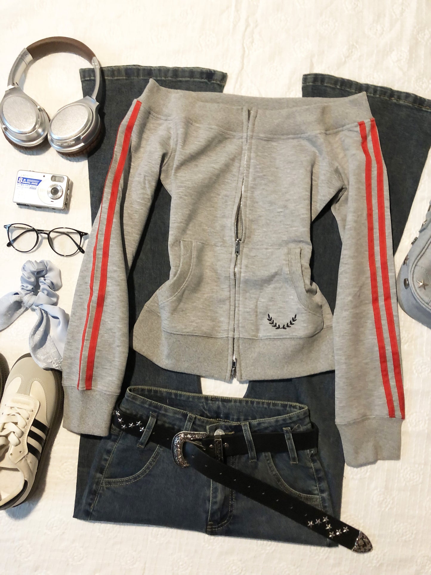 vintage sports striped off-shoulder jacket
