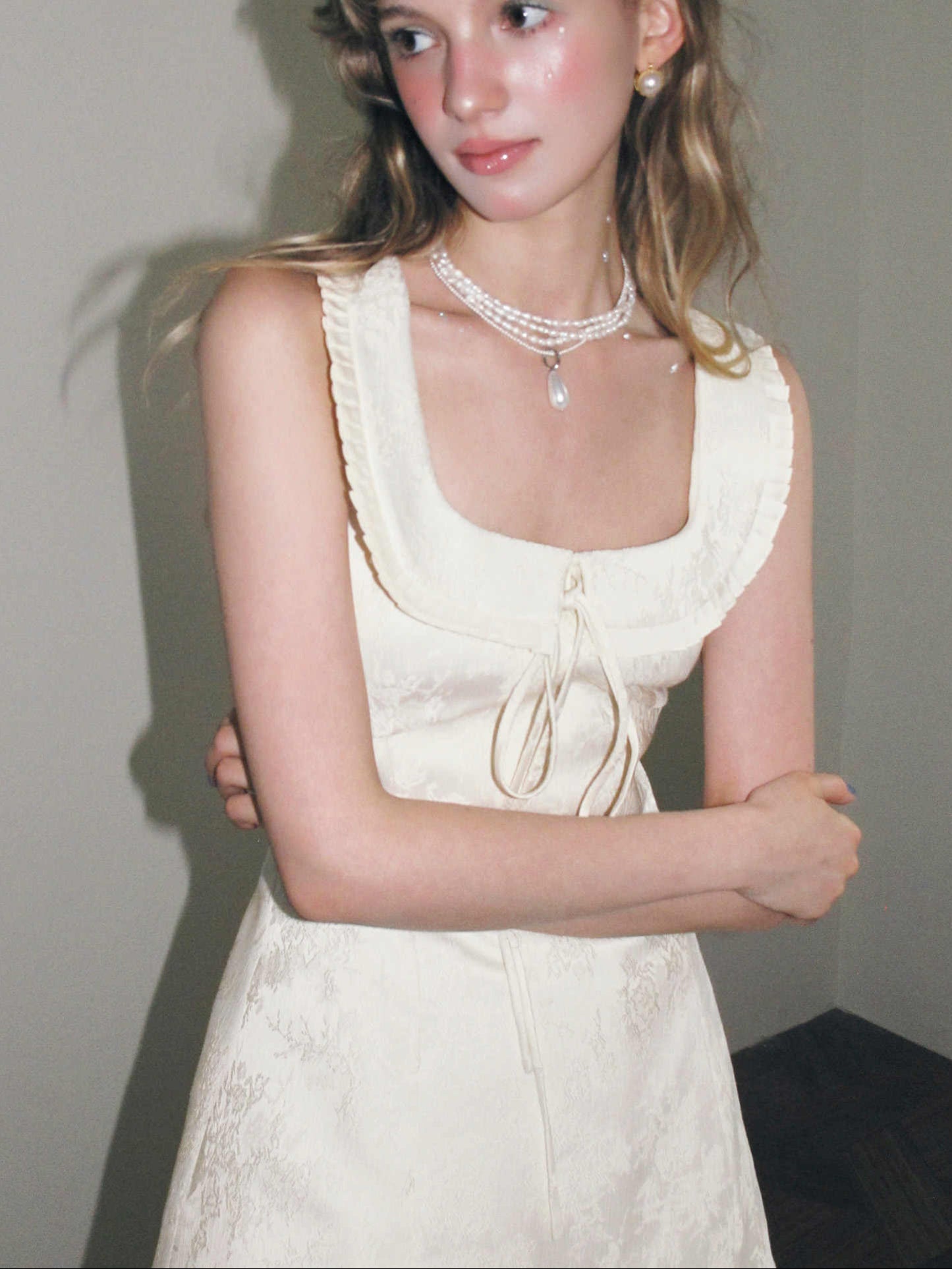 Beige Chest Drawstring Strap Dress