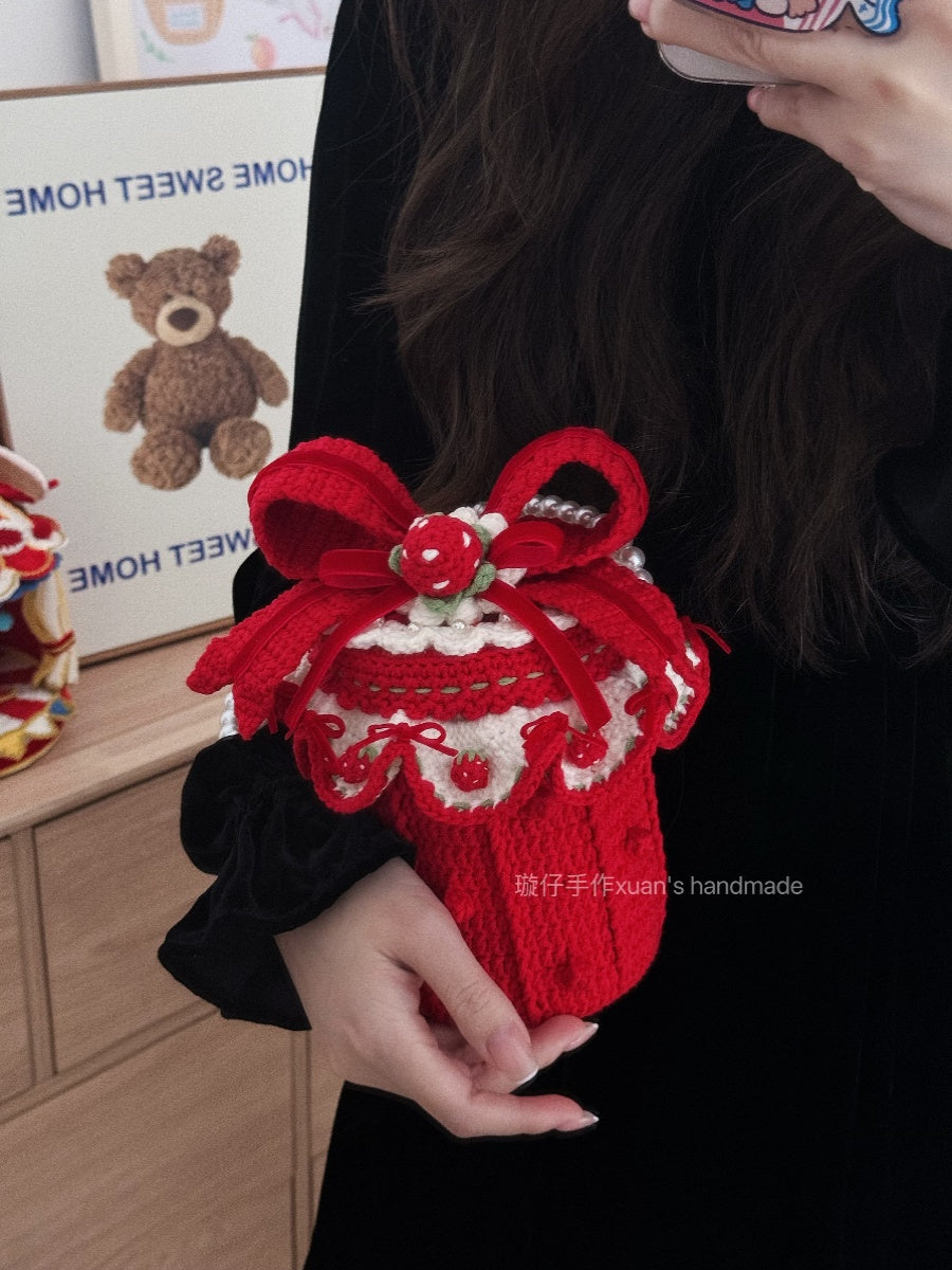 diy crochet Red velvet bow bucket bag