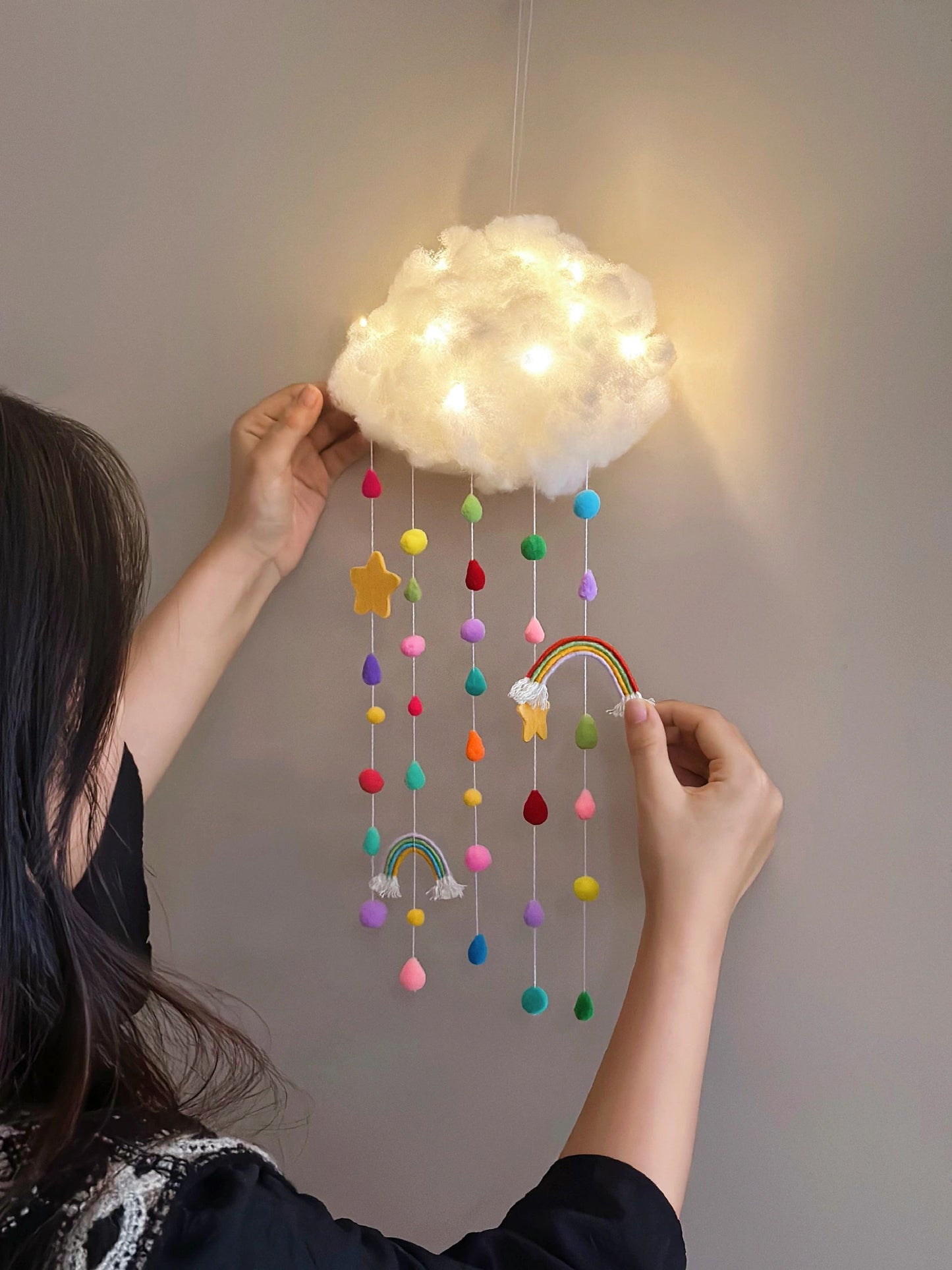 diy cloud rainbow fur ball wind chime pendant
