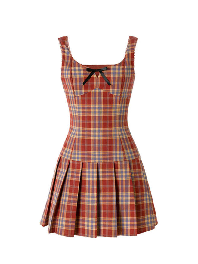 Retro Red Plaid Bow Suspender Dress