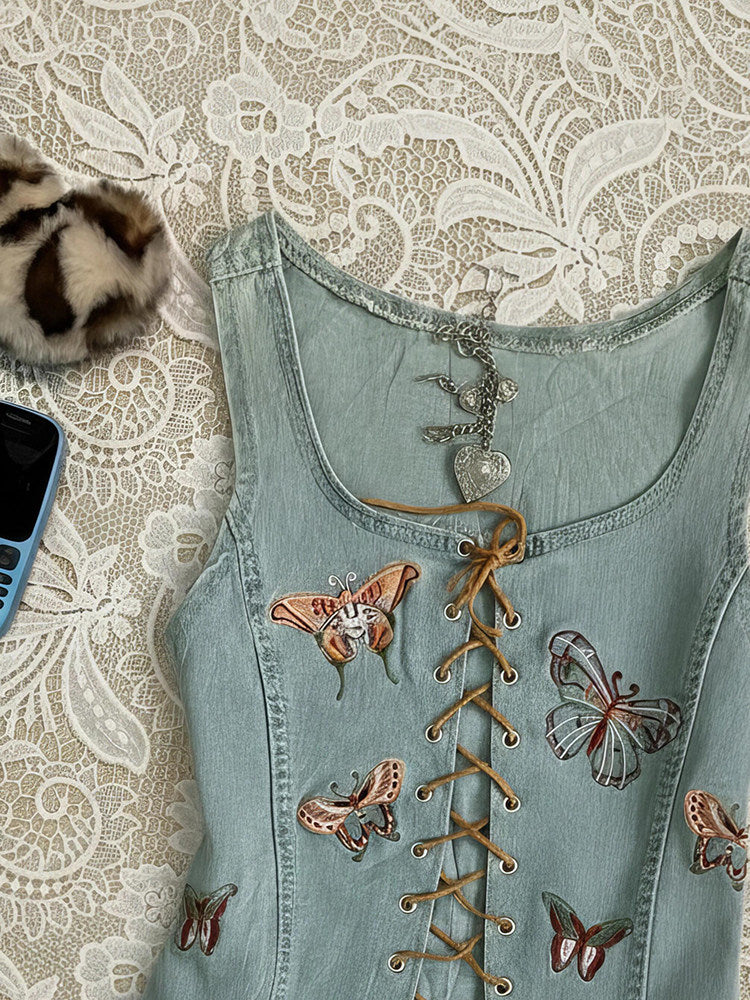 denim butterfly straps corp top