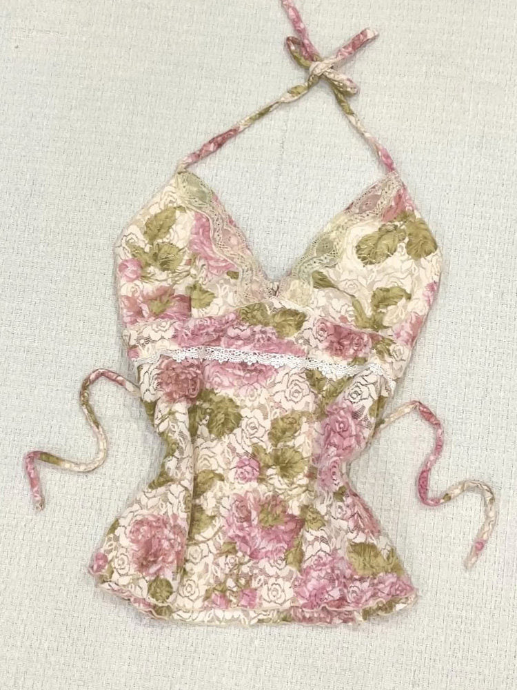 floral pink&green tank top