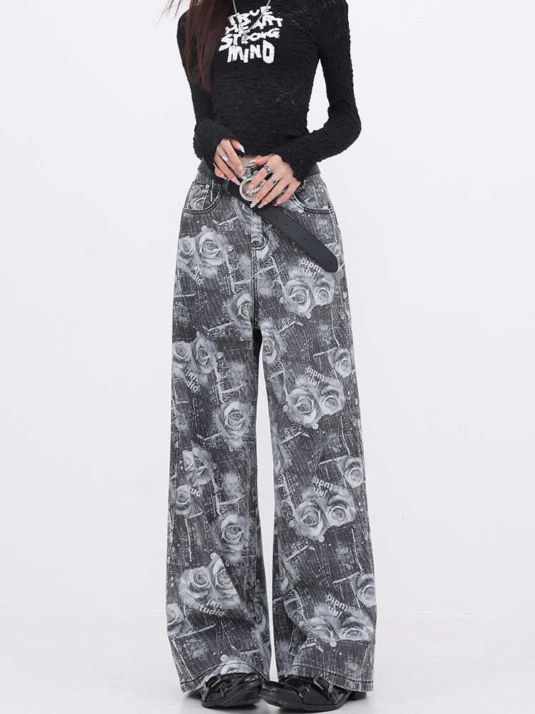 Dark Coquette Rose Washed Wide Leg Jeans